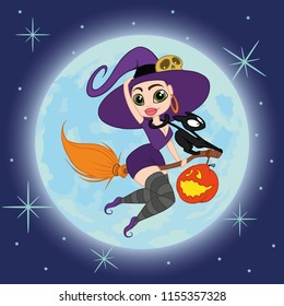 witch flying on a broomstick with a black cat