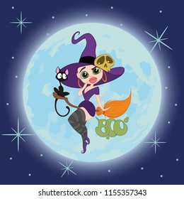 witch flying on a broomstick with a black cat
