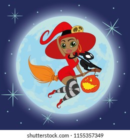 witch flying on a broomstick with a black cat