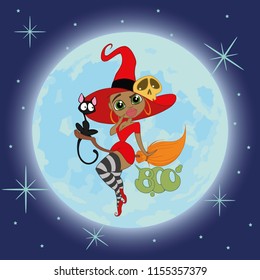 witch flying on a broomstick with a black cat