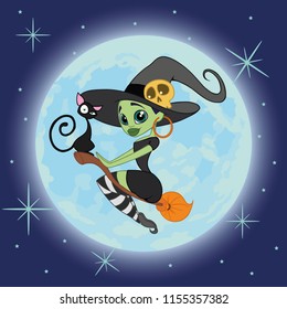 witch flying on a broomstick with a black cat