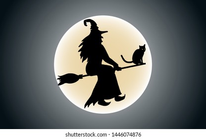 The witch is flying on a broomstick with a black cat on the background of the full moon. Can use as postcard, background, poster, invitation, typography