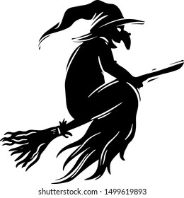 Witch flying on broomstick black and white illustration. Halloween fantasy creature with huge wart on nose silhouette. Witchcraft symbol, all saints day celebration postcard, poster design element