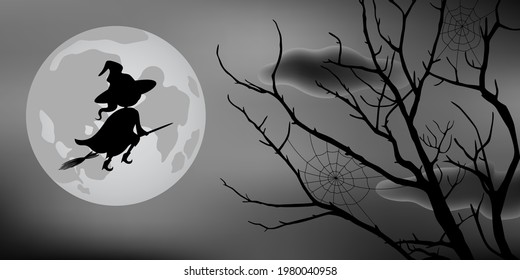 Witch flying on broomstick. Cartoon style. Vector illustration.