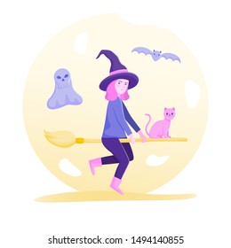 Witch flying on a broomstick with a cat. Cute cartoon character costume witch. 