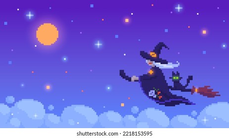 Witch flying on a broomstick with a cat on Halloween. Pixel art character. Vector illustration in 8 bit style