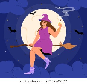Witch flying on broomstick concept. Young girl at background of sky with moon. Fantasy and magic, fairy tale. Imagination and sorcery. Woman with bats. Cartoon flat vector illustration