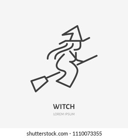 Witch flying on broomstick flat line icon. Halloween party magic sign. Thin linear logo for magician store.