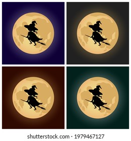 Witch flying on broomstick on full moon background. Vector illustration.