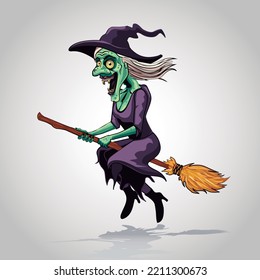 Witch flying on a broomstick. halloween cartoon.