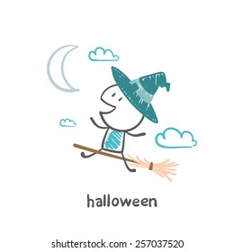 the witch flying on a broomstick Halloween illustration