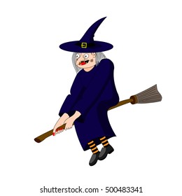 The witch flying on a broomstick. Halloween character. Isolated vector illustration on white background.