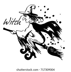 A witch flying on a broomstick. Halloween, Walpurgis Night. Sketch. Vector illustration.