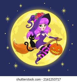 Witch flying on a broomstick with her familiar. Halloween vector illustration