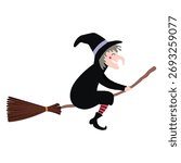 Witch flying on broomstick isolated on transparent. Hand drawn flat vector illustration. Befana cartoon character. Epiphany, Halloween seasonal design element, holiday clip art.
