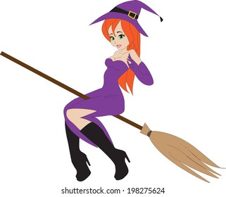 Witch flying on the broomstick, isolated on white