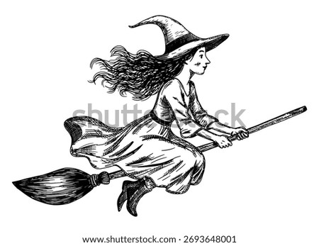 witch flying on broomstick isolated on white background halloween magical fantasy hand drawn sketch card design element line art shading detailed vector illustration pointed hat black ink drawing