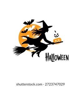 Bruja volando en palo de escoba con gato o linternas en la noche de halloween