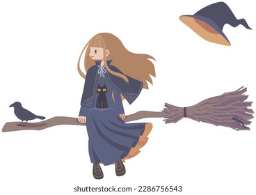 A witch flying on a broomstick with a messenger