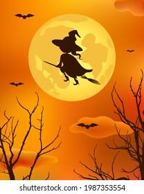 Witch flying on broomstick on moon background. Vector illustration.