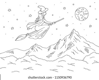 Witch flying on a broomstick. Mountain graphic black white landscape sketch illustration vector
