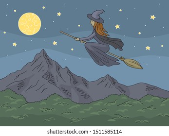 Witch flying on a broomstick. Mountain graphic color landscape sketch illustration vector