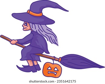 Witch flying on a broomstick. Mythical evil character for Halloween, fairytale