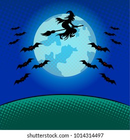 Witch flying on broomstick in night sky pop art retro vector illustration. Comic book style imitation.