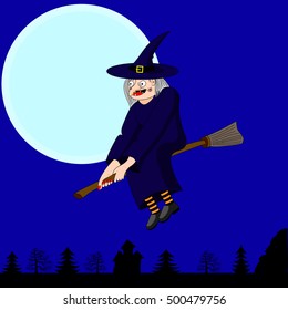 The witch flying on a broomstick in the night sky. Halloween character.