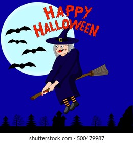 The witch flying on a broomstick in the night sky. Halloween character.