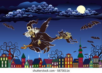 A witch flying on a broomstick on nightlife