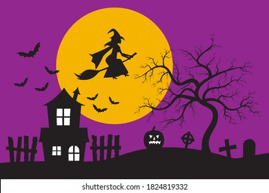 Witch flying on broomstick and old haunted house silhouette in front of the big moon and the purple sky with bats. Halloween holiday concept vector illustration