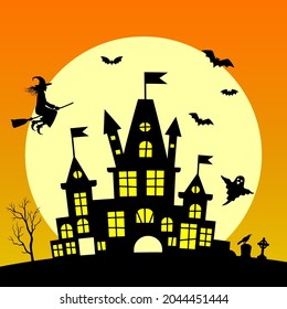 Witch flying on broomstick and old haunted house silhouette in front of the big moon Happy Halloween background with pumpkin, haunted house and full moon