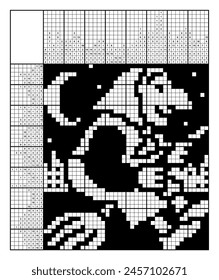 Witch is flying on a broomstick over the night city. Nonogram, japanese crossword, educational game. Black and white, 40x45. Logical solution. Structured customizable EPS.