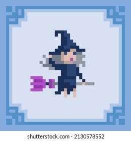 Witch flying on a broomstick. Pixel art character. Vector illustration in 8 bit style