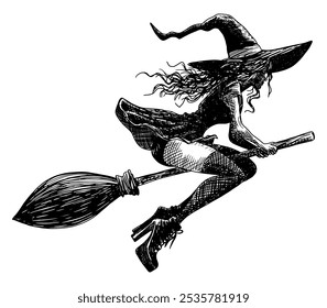 
witch flying on broomstick pointed hat dress isolated on white background halloween hand drawn sketch card design element line art detailed vector illustration