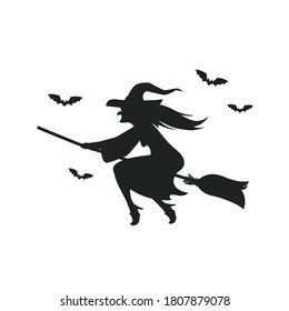 Witch flying on broomstick. Silhouette on white background . Vector illustration