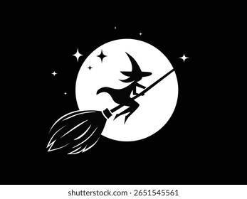 witch flying on broomstick silhouette