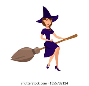 Witch Flying on Broomstick Vector Illustration. Young Woman in Spooky Outfit with Hat Cartoon Character. Halloween Celebration, October Holiday. Costume Party, Beautiful Sorceress Cosplay