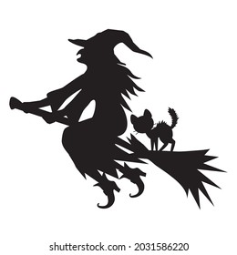 Witch flying on a broomstick  vector cartoon illustration. Witch black silhouette.