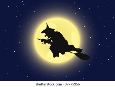 A witch flying on its broomstick. Vector illustration.