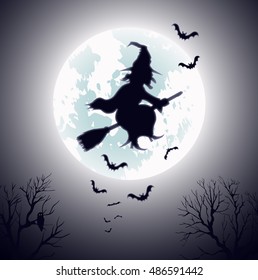 Witch Flying on Broomstick Vector Template