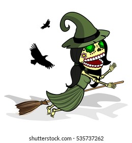 The witch flying on a broomstick. Vector flat and linear Illustration of skeleton. Web banners, advertisements, brochures, business templates. Isolated on a white background.
