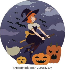 A witch flying on a broomstick, a wizard in a suit, a lady with bats. Halloween celebration, fantasy and magic on the eve of All Saints' Day in the autumn season. 