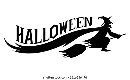 Witch flying on a broomstick, with the word Halloween. Clip art. Vector illustration. For web, events, fashion, graphic design