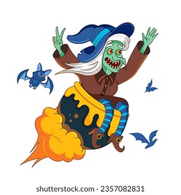 Witch flying on a cauldron, wizard wearing costume, lady with bats. Halloween holiday celebration, fantasy and magic on all hallows eve in autumn season. Cartoon vector illustration.