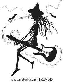 Witch flying on an electric guitar. One color.