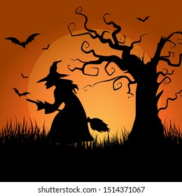 Witch flying on the ground. Halloween theme on black shadow of horror tree.