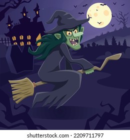 Witch flying on her broom with halloween background