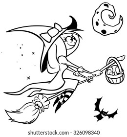 Witch flying on her broom isolated.  Vector illustration for Halloween poster or party invitation